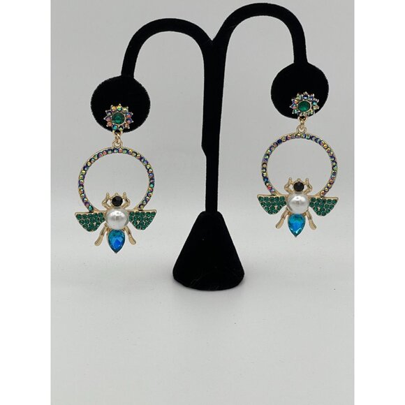 Pierced Earrings Butterfly Insect Blue Green Aurora Borealis Rhinestones Post St - Picture 1 of 7